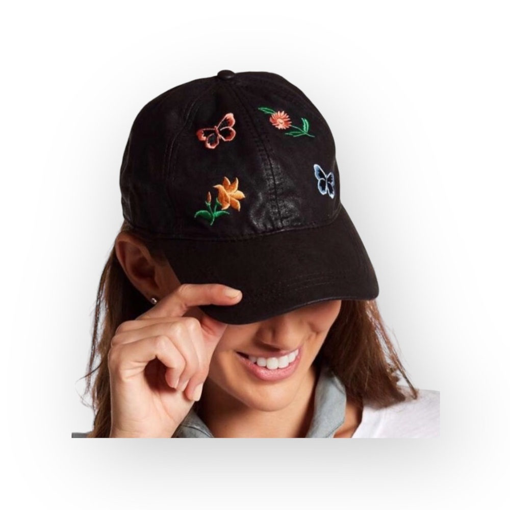 new August Hat ✿ Floral Embroidered Baseball Cap ✿ Shiny Coated Black ✿